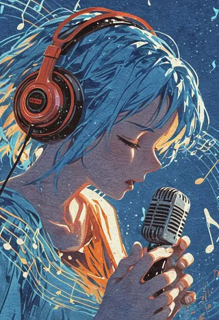 Ritratto impressionista di una ragazza con capelli blu che indossa eleganti cuffie, canta in un microfono circondata da note musicali fluttuanti su uno sfondo blu tenue.
