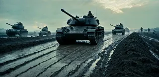 HDR photo of a muddy World War 1 battlefield featuring tanks moving through deep mud, soldiers advancing beside trenches, and barbed wire in the foreground under dramatic cloudy skies.