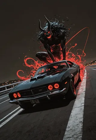 Dark muscle car making a high-speed turn on a coastal road with red glowing headlights, surrounded by a fiery demon with glowing red eyes and horns.
