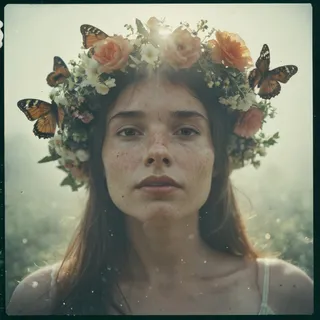 Close-up portrait of a woman with freckles wearing a flower wreath adorned with butterflies, captured in a dreamy, foggy atmosphere with soft cinematic light.