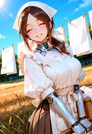 밝은 파란 하늘을 배경으로 햇살 비치는 빨랫줄 옆에서 흰색 시트를 펄럭이며, 갈색 머리와 로봇 팔을 가진 웃고 있는 귀여운 가정부가 야외에서 세탁 바구니를 들고 있습니다.