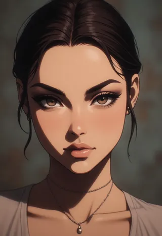 Close-up portrait of a woman with dark brown hair, brown almond-shaped eyes, natural makeup, soft lighting, and a silver necklace with a small pendant.