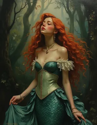 Hyper-realistic oil painting of the little mermaid with long flowing red hair, wearing a teal corset dress with gold accents, set in a misty forest background, painted in Rembrandt lighting style.