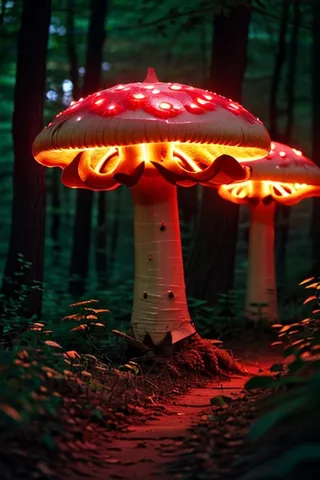 A glowing mechanical mushroom with a red illuminated cap and warm orange light underneath, standing on a forest path at night surrounded by dark trees and vegetation.
