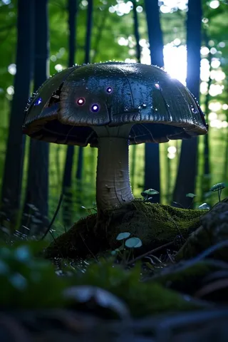A metallic mechanical mushroom glowing blue lights, standing on a mossy ground in a dark, secluded forest with tall trees and a blurred background.