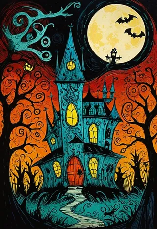 Spooky haunted house illustration with glowing yellow windows, twisted trees, a bright full moon, and bats flying, styled in a collagraph technique by Genndy Tartakovsky.