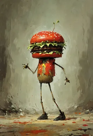 A surreal and funny dancing burger character with a sesame seed bun head, lettuce, and two beef patties in a painterly art style.