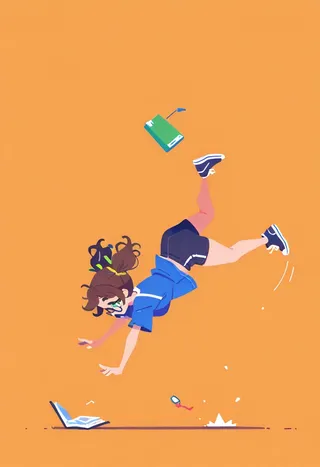 Flat vector illustration of a cute chubby girl with glasses and green eyes falling forward with motion lines on an orange background.