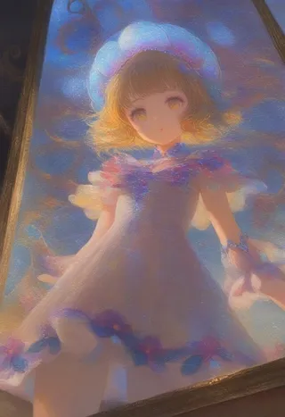 Oil painting in dark fantasy style showing a child with gold eyes and prismatic lips in a magical wonderland of oversized flora, viewed from below with turquoise reflections.