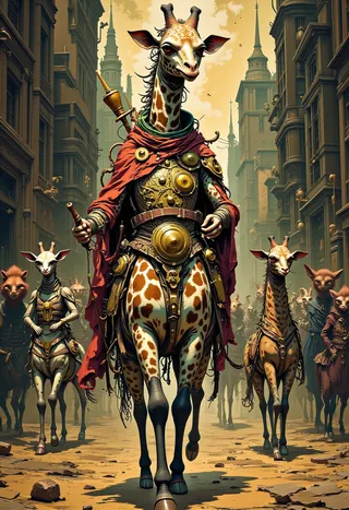 A steampunk warrior queen giraffe in Victorian battle armor leading a band of revolutionary animals through a detailed steampunk metropolis, inspired by Gustave Doré and Miyazaki.