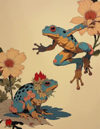 A vibrant blue and orange colored frog mid-leap between searose leaves, with another frog sitting nearby adorned with floral decorations, set against a vintage botanical background.