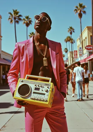 Stylish tall dark-skinned man in a bright pink 1980s suit wearing classic metal Cazal sunglasses, holding a yellow vintage boombox on a sunny San Diego street with palm trees.