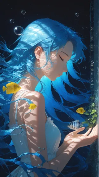 A profile view of a serene girl with flowing blue hair underwater surrounded by tropical fish, air bubbles, and caustics lighting effects.