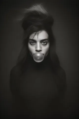 Black and white portrait of an Irish woman with strange hair styled upward, blowing a bubble gum bubble, illuminated by Rembrandt lighting in a grainy, vintage analog photographic style.