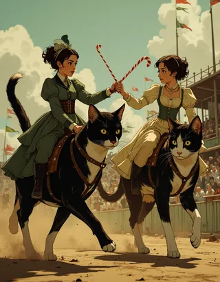 Two tiny young women in Victorian dresses riding large black and white cats in a stadium, crossing candy canes as swords amid colorful flags and cheering crowd.