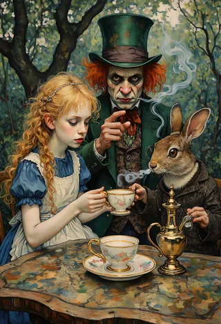 A detailed scene of Alice with a long flaxen braid holding a porcelain teacup, a wild ginger-maned Mad Hatter in an emerald top hat pointing accusatorily, and an anthropomorphic rabbit in a tweed waistcoat smoking from an ornate hookah, seated at a moss-covered oak table in a dark, saturated forest.