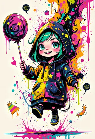 A vibrant chibi girl wearing a star and heart-patterned hoodie holds a giant swirl lollipop dripping neon paint, surrounded by swirling graffiti, floating crowns, lightning bolts, and colorful arrows.