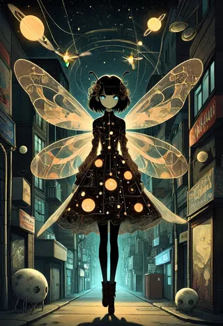 Anime-style dark street scene with a figure having translucent insect wings, glowing orbs resembling planets on a dress, surrounded by cosmic elements and strange creatures.
