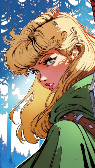 Close-up portrait of a blonde girl with detailed green eyes, wearing a green cloak and leather strap, looking back in a forest with pop art and ink style influences.