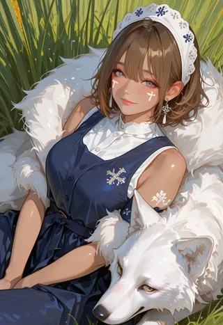 A mature woman with short brown hair and grey eyes, wearing a blue dress and white headband with floral patterns, relaxing in tall grass with a large white wolf resting next to her under sunny daytime lighting.