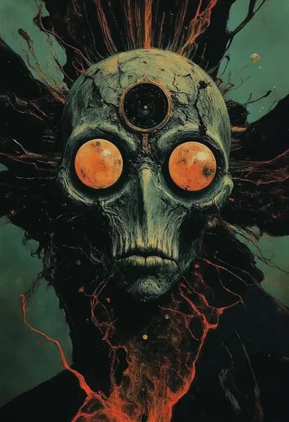 A surreal gothic skull with large, glowing orange eyes and a cracked forehead set against a dark, eerie background with fiery red veins and an atmosphere of dark fantasy horror.