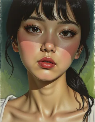 Close-up portrait of a young Asian woman with detailed realistic skin, soft blush on cheeks, glossy lips, and a captivating emotive gaze.