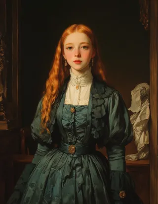 Oil painting of a graceful 12 year old Victorian girl with red hair and blue eyes, wearing a corseted, hooped, and bustled silk dress, standing poised in a Victorian bedroom under Rembrandt lighting.
