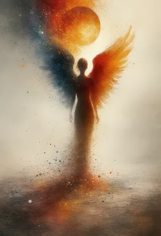 A surreal figure of a girl with one cerulean blue and one fiery crimson wing, standing with an ethereal glow and abstract colors blending around her.