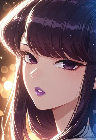 Close-up portrait of Shouko Komi with purple lips and focused eyes against a luminescent bokeh background, looking toward the viewer.
