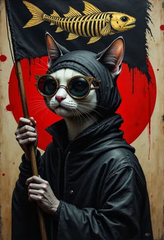 A surreal dark fantasy oil painting of a white cat wearing a black hooded cloak and round sunglasses, holding a black flag with a golden fish skeleton symbol on it, set against a bold red and black background.