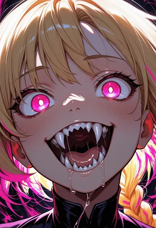 Close-up portrait of a vampire girl with glowing pink eyes, sharp fangs, drooling mouth, long blonde hair with pink streaks, and an intense, wild gaze.