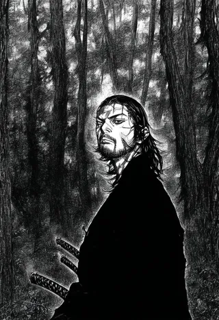 Black and white three-quarters portrait of Miyamoto Musashi dressed as a samurai, standing in a dense jungle with tall trees in the background.