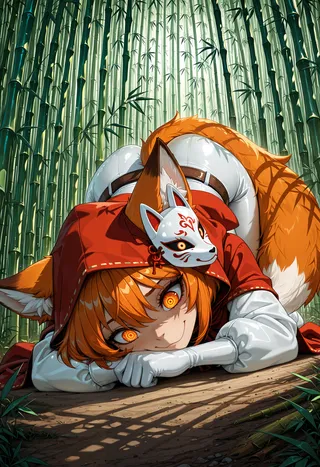 Anime-style fox girl with orange hair curled up in a bamboo forest, wearing a white bodysuit, red hooded cape, and a fox mask on her head.