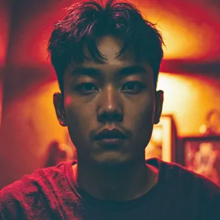 Close-up portrait of a Korean man, 25 years old, with intense gaze, in a dark room lit by warm, moody lighting.