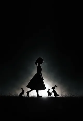 Minimalist silhouette of a mother and three rabbits outlined by ethereal white light against a dark black background.