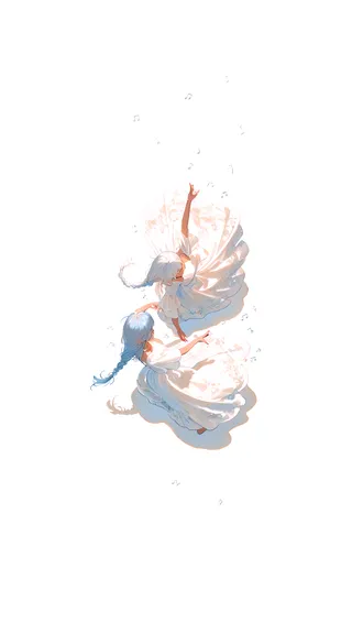 Two girls with long braided hair dressed in flowing white dresses dancing viewed from above, surrounded by subtle floating music notes and a light blue hue.