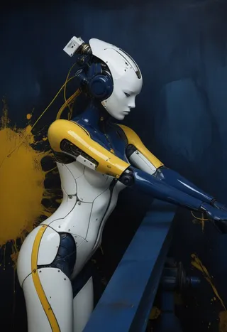 A cybernetic female robot with navy blue, mustard yellow, and white mechanical parts, standing against a dark background with splashes of yellow paint, portraying a surreal, liminal space with a blend of mechanical and organic design.