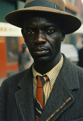 Close-up portrait of an African gentleman wearing a brown hat, grey coat, and colorful tie, captured in vintage street photography style.
