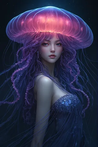 Close-up of a jellyfish goddess with glowing purple jellyfish head and flowing tentacles blending into her long purple hair and elegant blue dress.