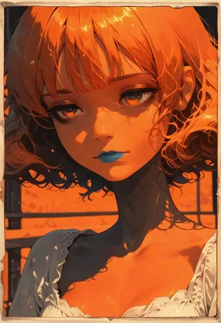 Close-up portrait of a dreamy girl with curly orange hair, blue lips, and warm shadows in an orange-themed watercolor style, wearing an oversized nightgown.
