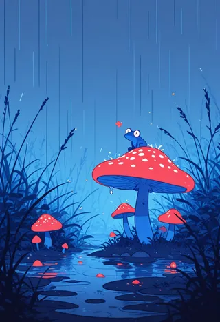 Una piccola rana blu felice seduta sopra un grande fungo rosso con macchie bianche in una palude durante una pioggia intensa, circondata da erba lussureggiante e altri funghi.