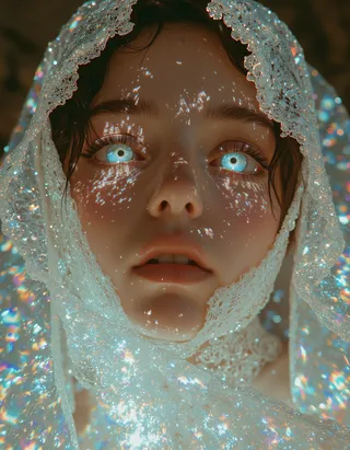 Close-up of a digital bride with glowing blue eyes, a glittering lace veil, and pixelated light reflections across her face.