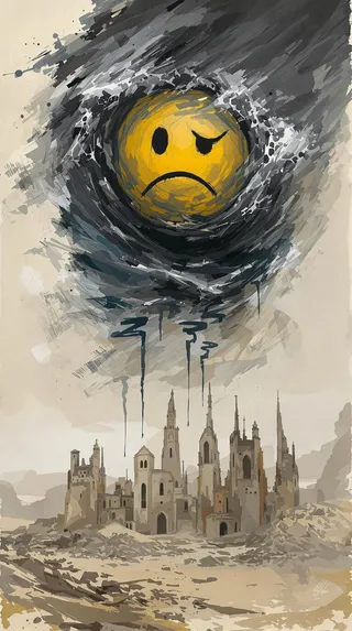 Hand-painted surreal abstract artwork featuring a moody yellow emoji face formed within stormy crashing waves, hovering above a devastated, rubble-strewn dystopian city landscape, with clear delineation between water and ruins.