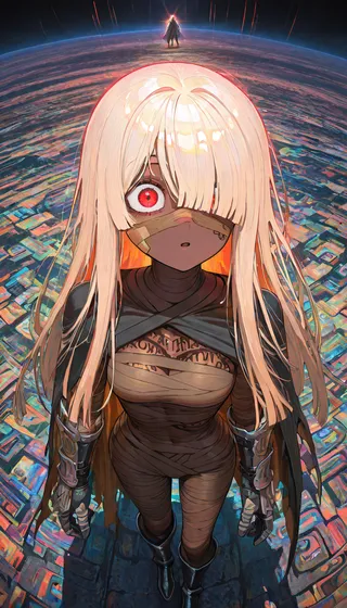 Close-up portrait of a bandaged girl with long beige hair covering one eye, striking red eyes, detailed tattoos, wearing mummy-like wrappings and gauntlets, viewed from above with a fisheye lens and volumetric lighting.