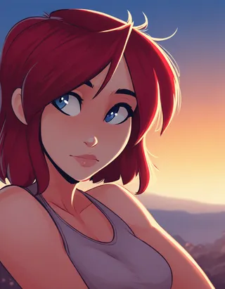 Illustration numérique d'une fille de style anime aux cheveux roux et aux yeux bleus regardant sur le côté au coucher du soleil, portant un débardeur gris avec un éclairage doux mettant en valeur ses traits.