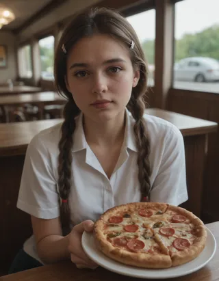 Young girl with long brown twin braids and hairclips holding a plate with a pepperoni pizza in a cozy restaurant setting, looking at the viewer.