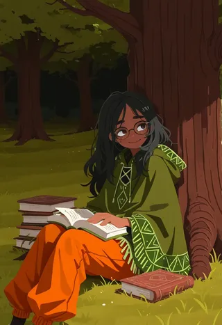 A dark-skinned girl with long black hair, freckles, and glasses sits under a big tree on green grass, reading a book. She wears a green poncho with patterns and bright orange pants. Several books lie around her.