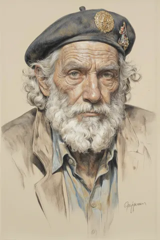 Realistic pencil sketch of an elderly man with a wrinkled face, white beard, and wavy white hair, wearing a decorated beret and beige clothing on a plain beige background.