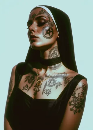 Portrait of a tattooed nun with satanic symbols, high-key lighting, minimal shadows, and a clean white backdrop in a studio fashion shoot.