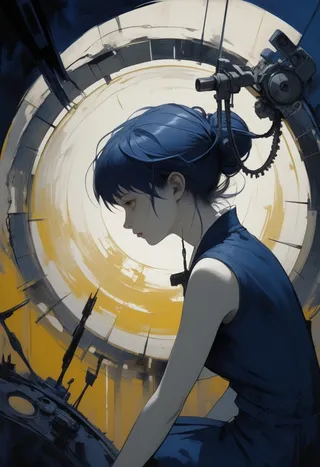A woman with navy blue hair and dress sits thoughtfully in a circular mechanical space with mustard and white tones, surrounded by a surreal blend of organic and industrial elements.